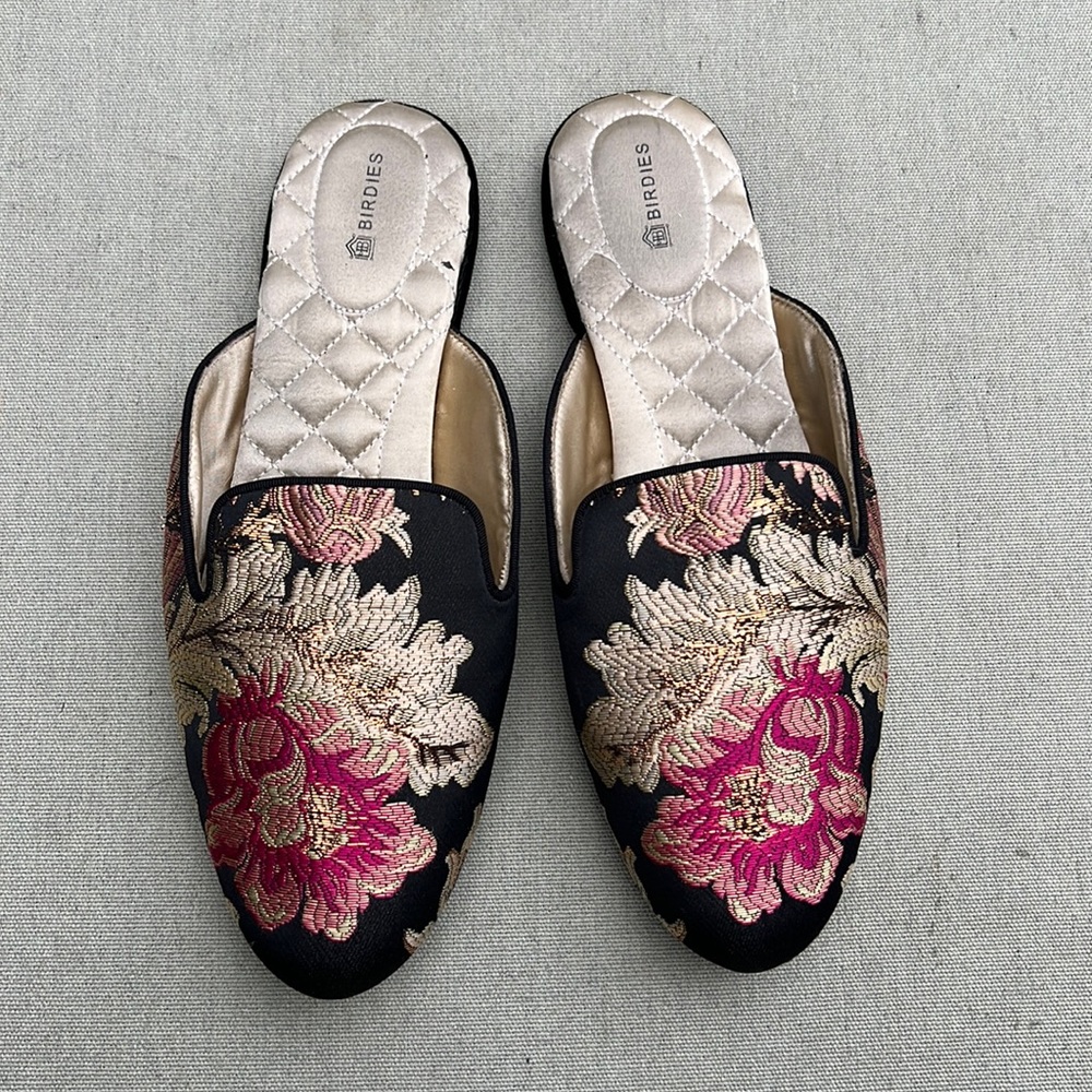 BIRDIES Phoebe Floral Jacquard Slip On Mules/Slides Black Gold Pink Size W9